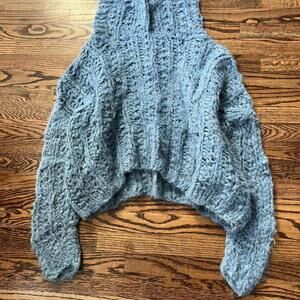 Blue hand knitted oversized wool cashmere turtleneck sweater